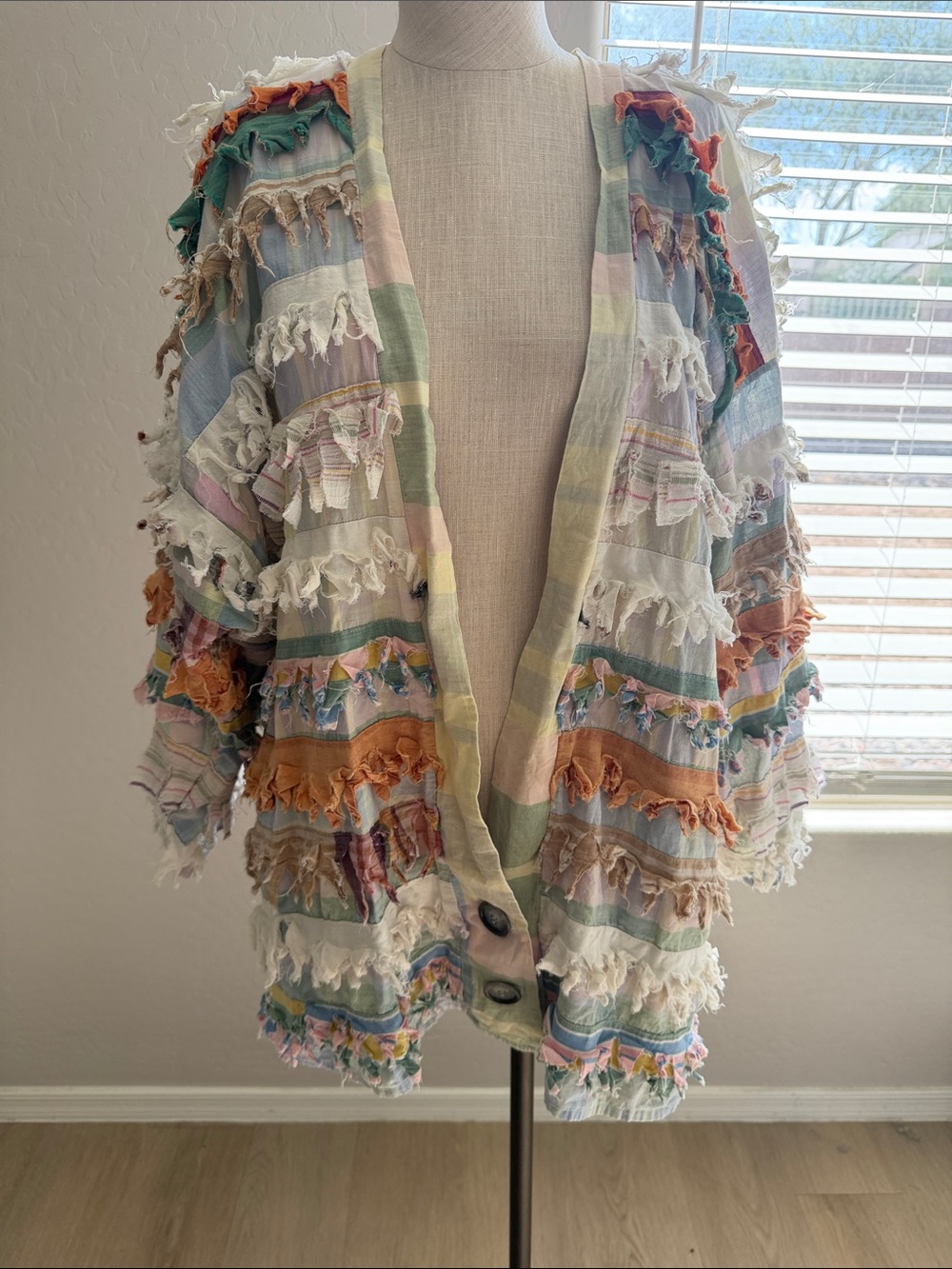 Vintage Paula Sweet Muslin Mink Frayed Multi-Color Boho Cardigan Sx M